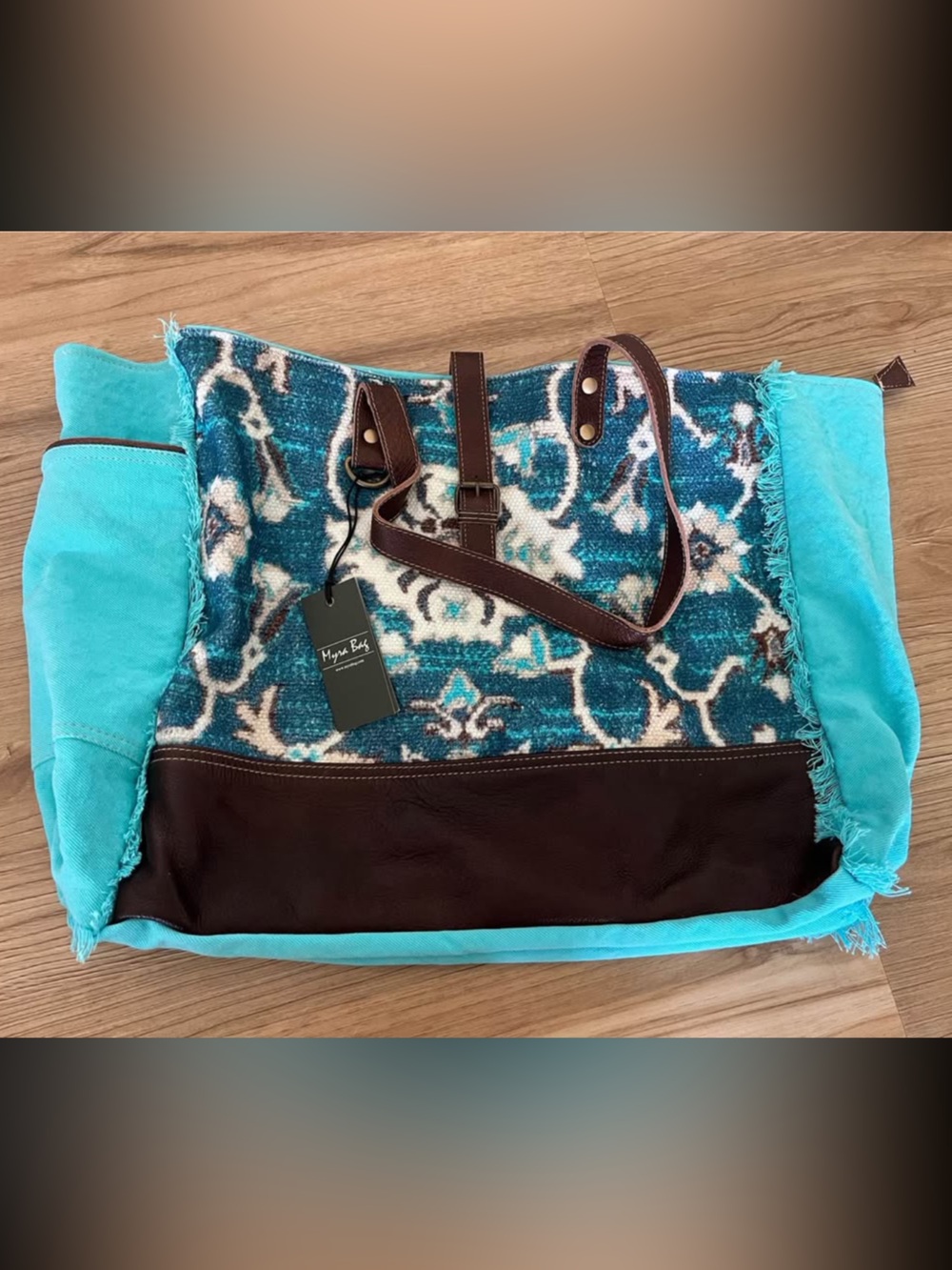 Myra Bag Turquoise Patterned Tote with Brown Trim